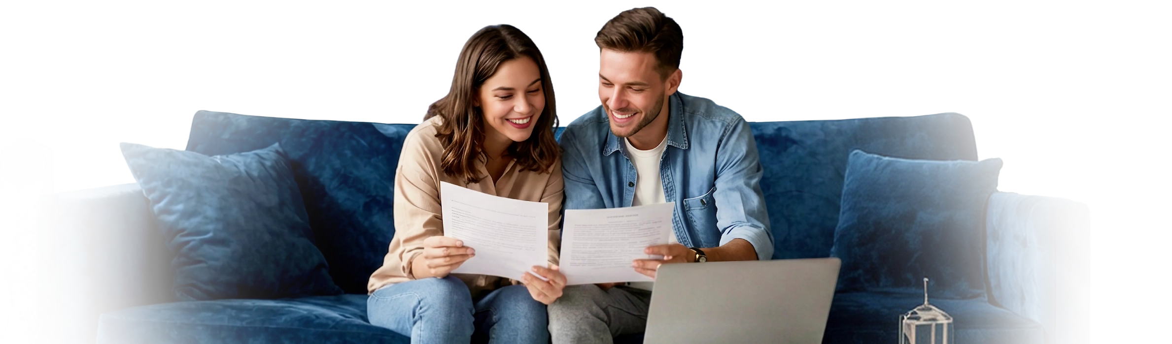 Couple reviewing stock donation documents beside a laptop.