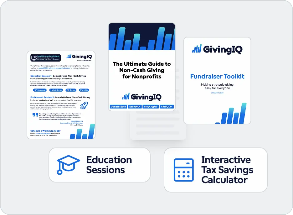 GivingIQ fundraising guides, visual assets and tax savings calculator.