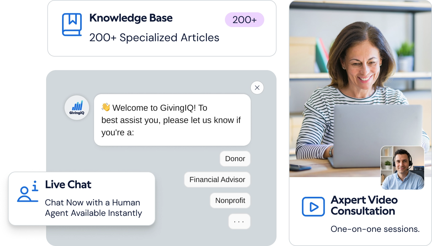 GivingIQ knowledge base, live chat and video consultation support.